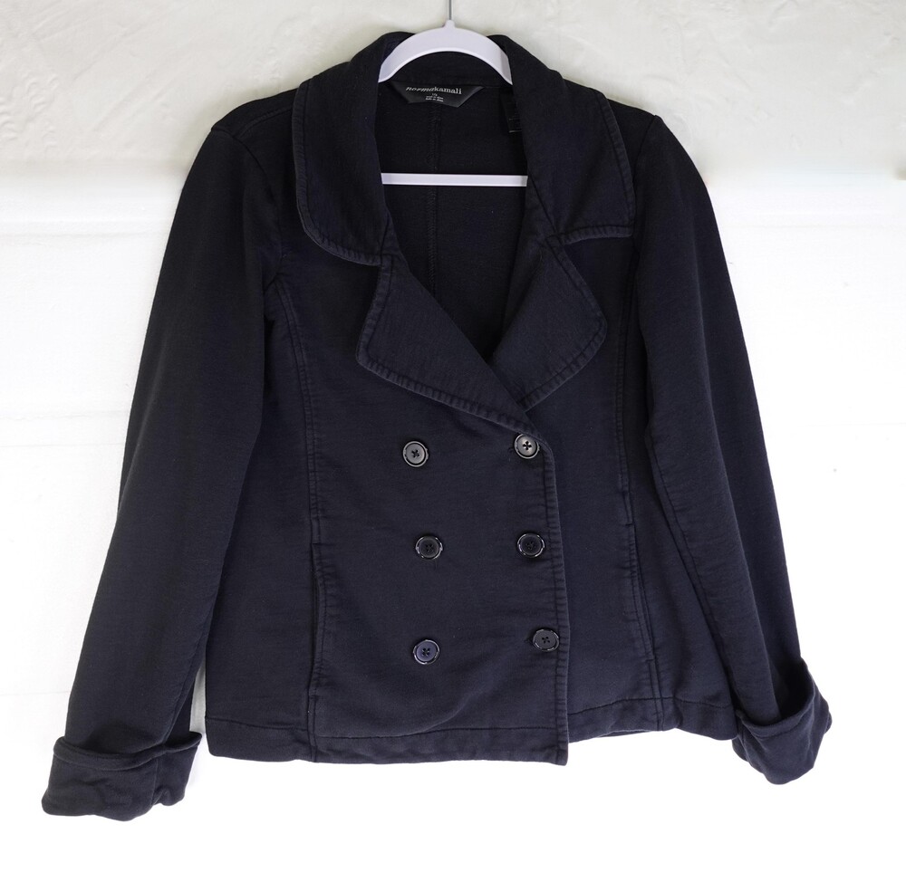Norma Kamali Jacket Womens Medium Black Double Breasted Knit Blazer Peacoat